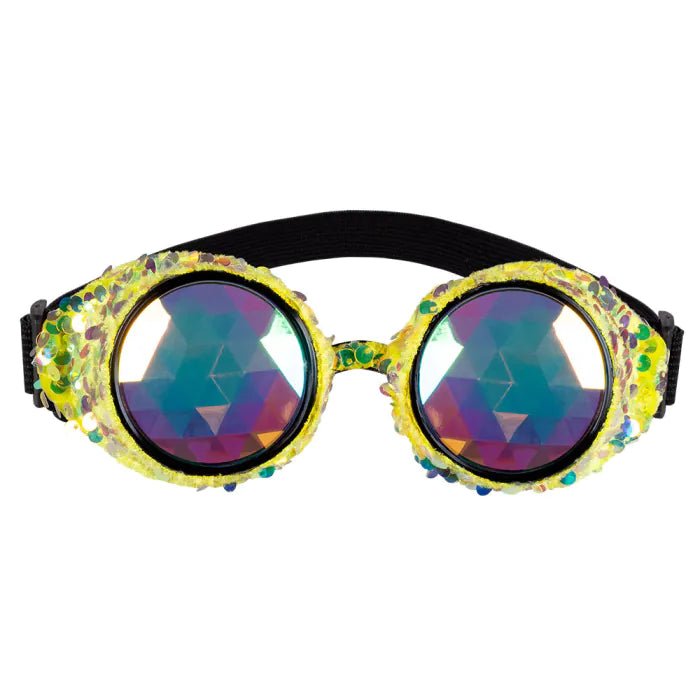 Lunettes party Mirage Or / Lunettes Coachella kaléidoscopes / Lunettes Futuriste sequins Dorée / La Maison du Déguisement