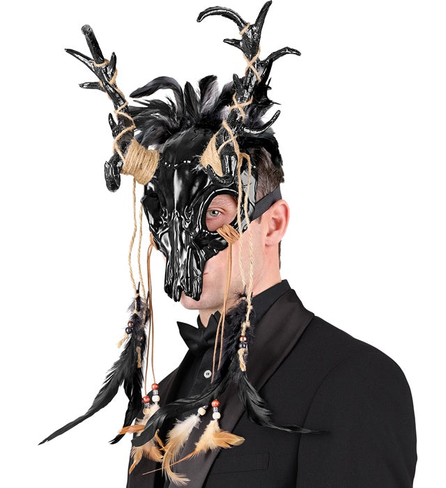 Masque Chaman Crâne de Taureau avec Plumes Noir / Masque de chaman avec crâne cornu et plumes Noir / La Maison Du Déguisement
