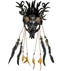Masque Chaman Crâne de Taureau avec Plumes Noir / Masque de chaman avec crâne cornu et plumes Noir / La Maison Du Déguisement