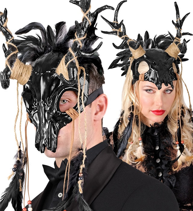 Masque Chaman Crâne de Taureau avec Plumes Noir / Masque de chaman avec crâne cornu et plumes Noir / La Maison Du Déguisement