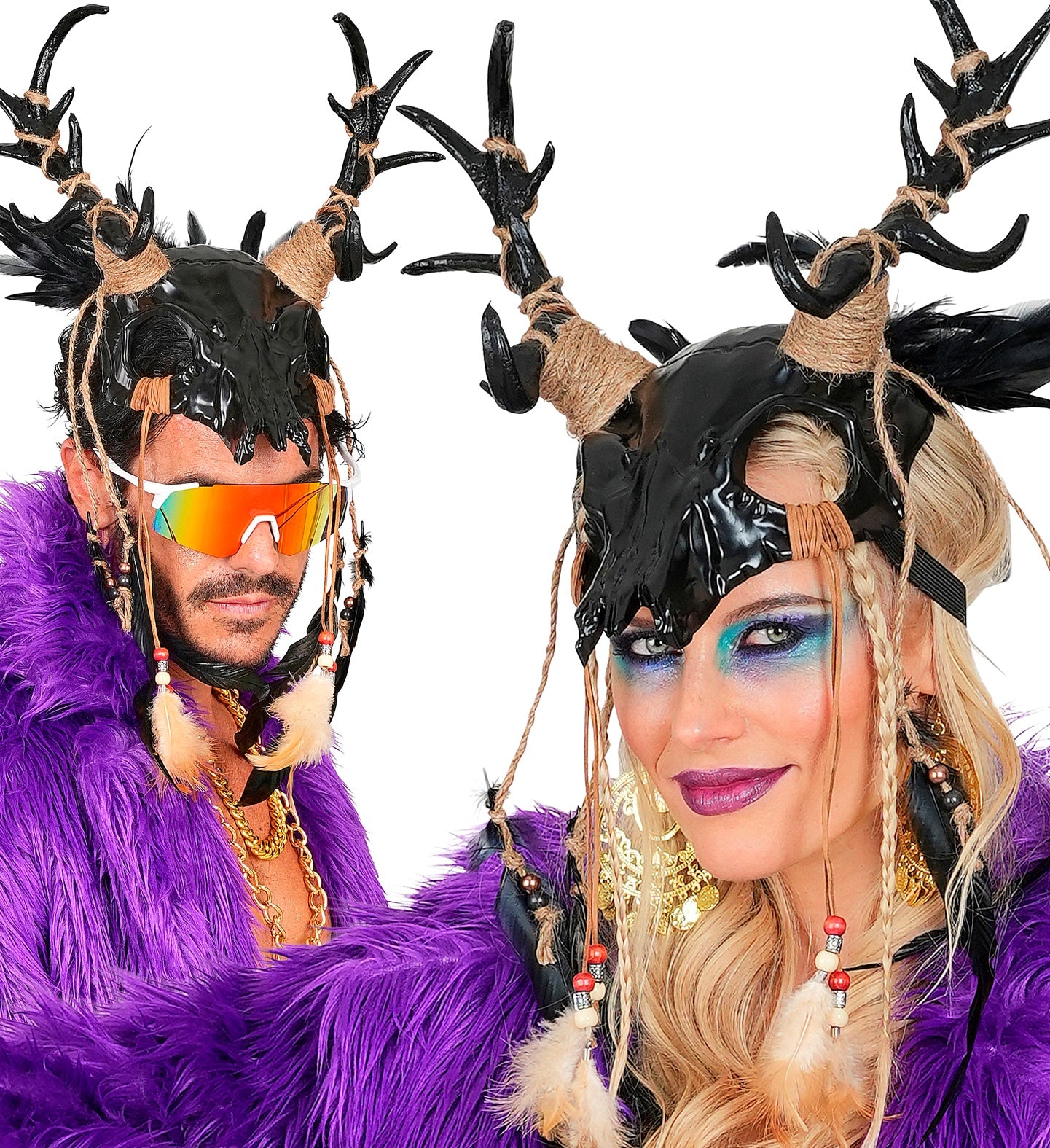 Masque Chaman Crâne de Taureau avec Plumes Noir / Masque de chaman avec crâne cornu et plumes Noir / La Maison Du Déguisement