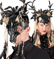 Masque Chaman Crâne de Taureau avec Plumes Noir / Masque de chaman avec crâne cornu et plumes Noir / La Maison Du Déguisement