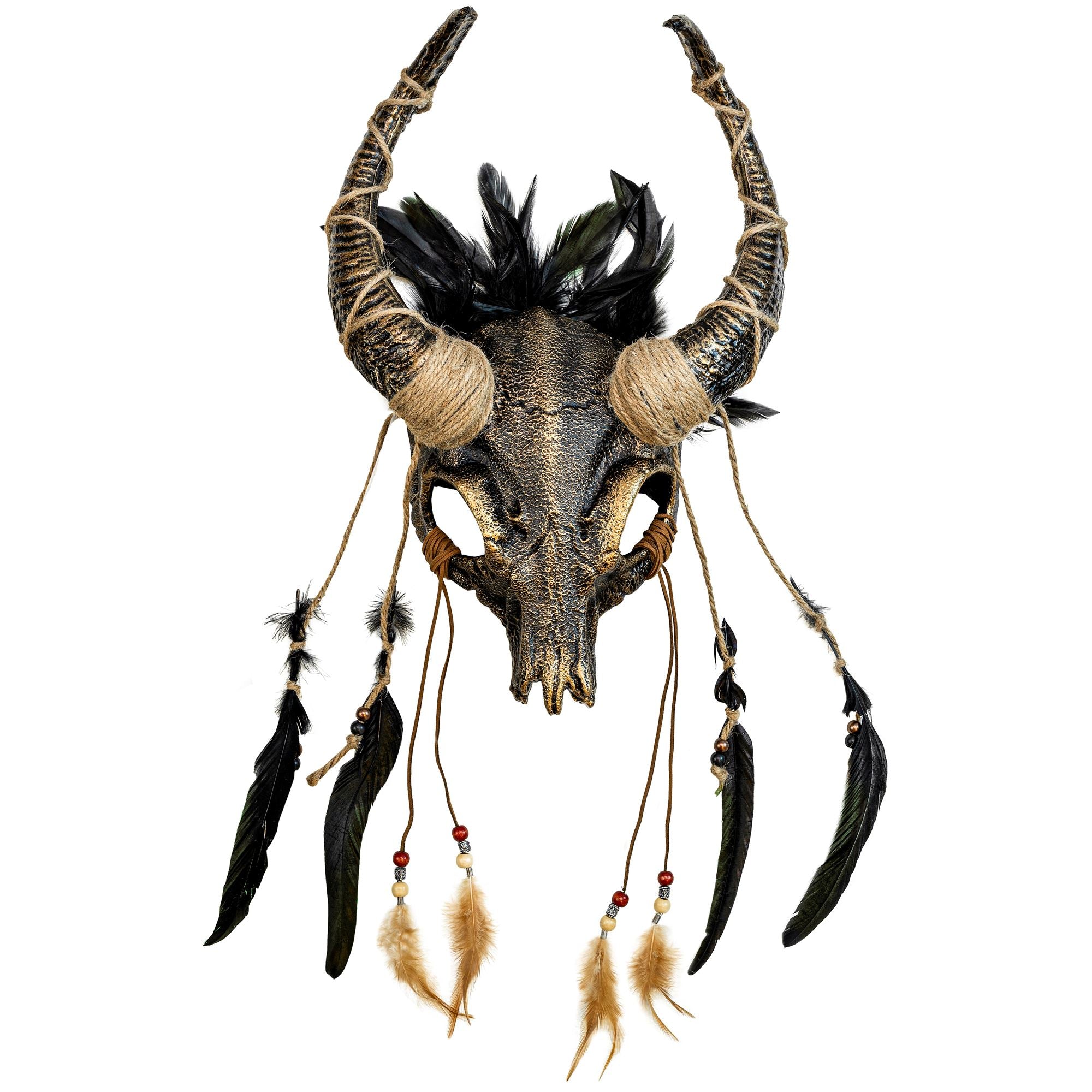 Masque Chaman Crâne de Taureau avec Plumes / Masque de chaman avec crâne cornu et plumes / La Maison Du Déguisement