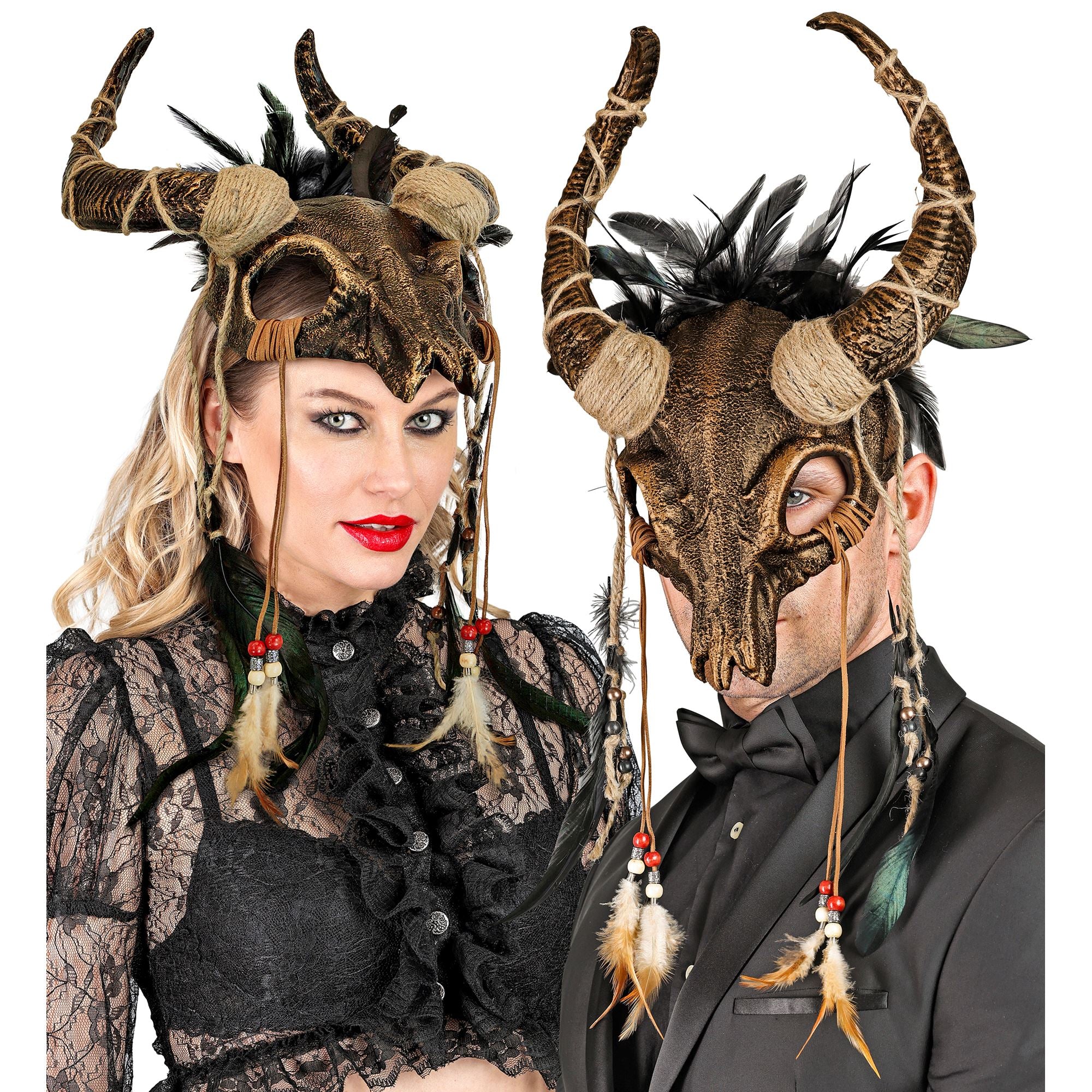 Masque Chaman Crâne de Taureau avec Plumes / Masque de chaman avec crâne cornu et plumes / La Maison Du Déguisement