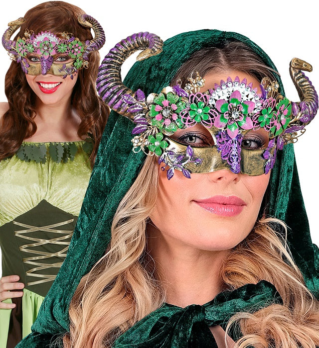 Masque Théâtre Mouton Violet avec Fleurs / Loup Démon Cornes Violet Luxe / La Maison Du Déguisement