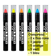 Set avec 6 Crayons de Maquillage Fluo / Boite de 6 crayons à maquillage Fluo / La Maison Du Déguisement