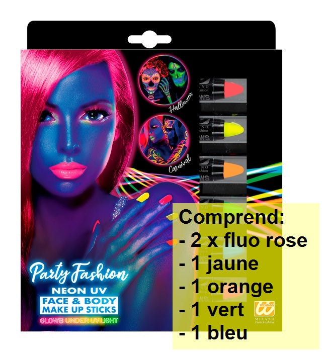 Set avec 6 Crayons de Maquillage Fluo / Boite de 6 crayons à maquillage Fluo / La Maison Du Déguisement