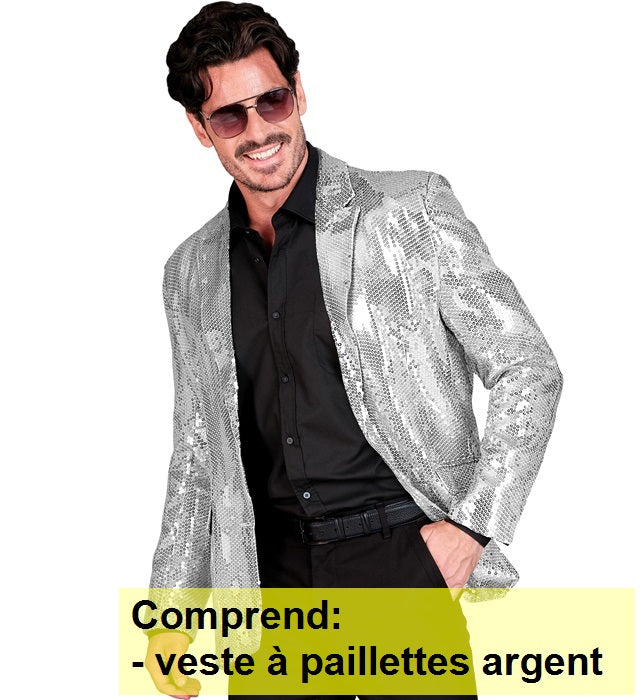 Location Déguisement Veste Party Fashion Paillettes Argent / Location Veste Disco Sequins Argent / La Maison Du Déguisement