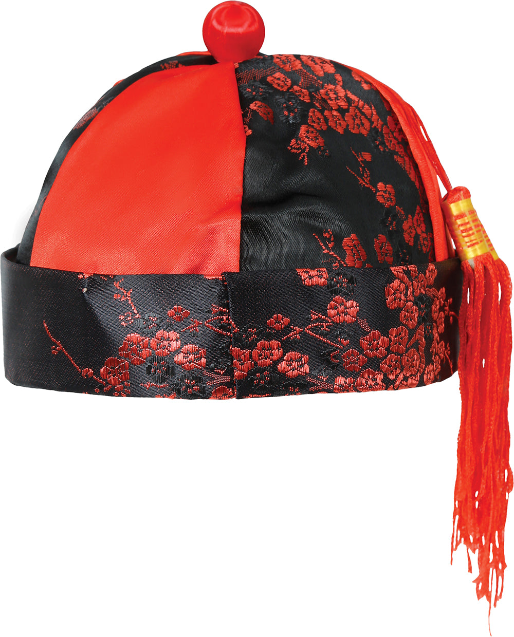 Chapeau Chinois Satiné Rouge Et Noir Avec Tresse / Bonnet Chinois Mandarin Satiné Rouge Et Noir Avec Tresse / La Maison Du Déguisement