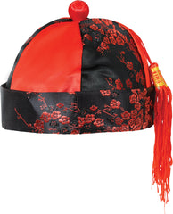 Chapeau Chinois Satiné Rouge Et Noir Avec Tresse / Bonnet Chinois Mandarin Satiné Rouge Et Noir Avec Tresse / La Maison Du Déguisement