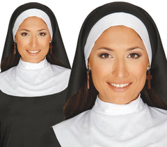 Coiffe Bonne Soeur avec Collerette / Set Nonne Tissu Noir avec Bandeau et Col Blanc / La Maison Du Déguisement