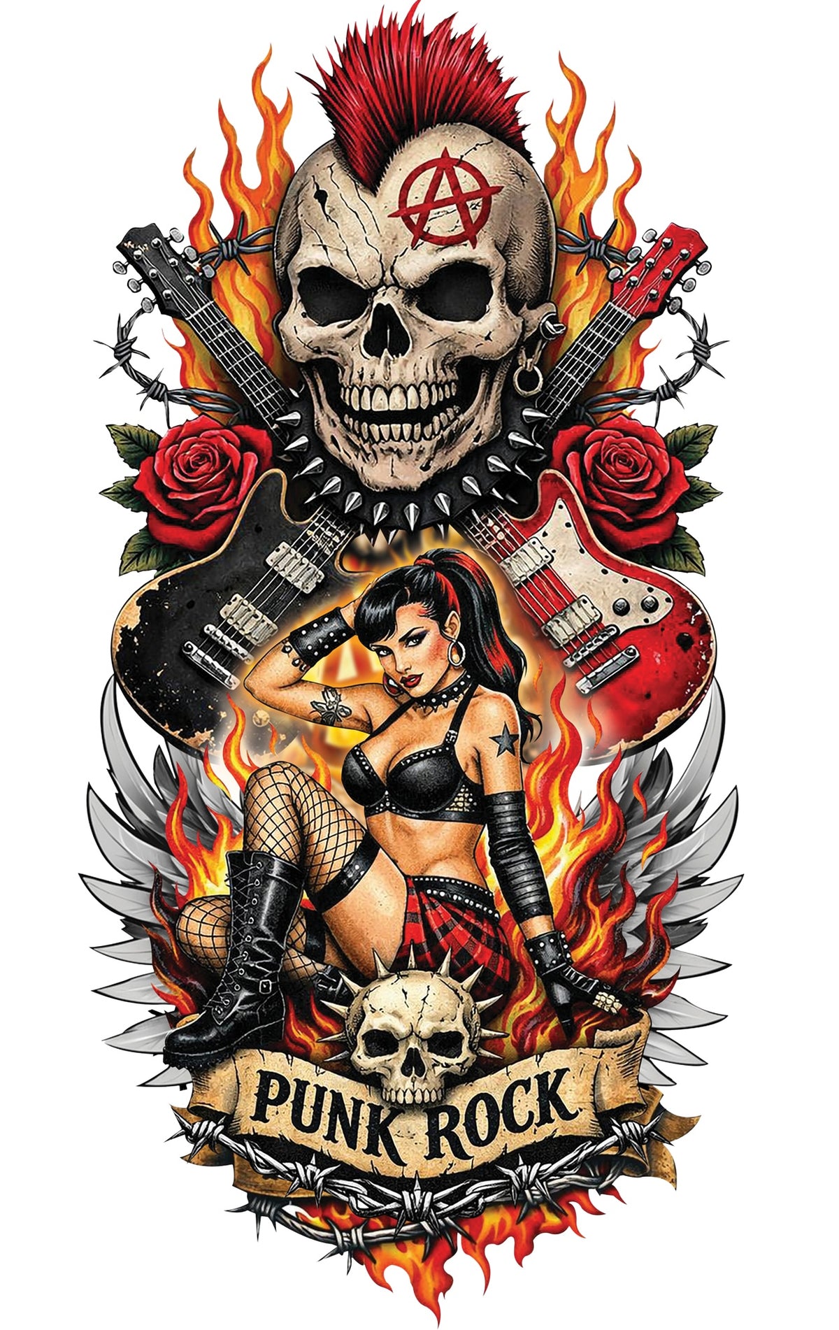Tatouage Punk Crâne et Pin-up / Faux Tatouage Punk Rock En Couleur / La Maison Du Déguisement