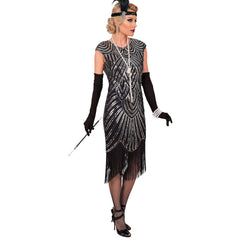 Location Déguisement Charleston Catherine Noir et Argent Luxe Adulte / Location Costume Robe Longue Gatsby Noir et Argent Femme / La Maison Du Déguisement