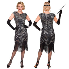 Location Déguisement Charleston Catherine Noir et Argent Luxe Adulte / Location Costume Robe Longue Gatsby Noir et Argent Femme / La Maison Du Déguisement