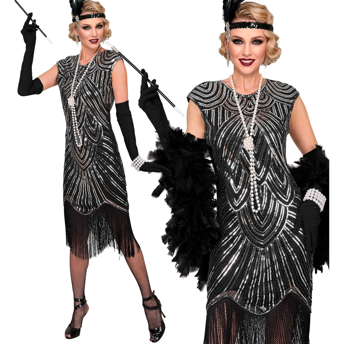 Location Déguisement Charleston Catherine Noir et Argent Luxe Adulte / Location Costume Robe Longue Gatsby Noir et Argent Femme / La Maison Du Déguisement