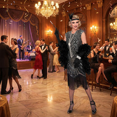 Location Déguisement Charleston Catherine Noir et Argent Luxe Adulte / Location Costume Robe Longue Gatsby Noir et Argent Femme / La Maison Du Déguisement
