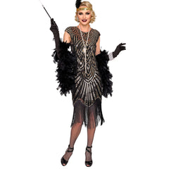 Location Déguisement Charleston Catherine Noir et Or Luxe Adulte / Location Costume Robe Longue Gatsby Noir et Dorée Femme / Location costume Charleston Gatsby Année 20 Rugissant / La Maison Du Déguisement