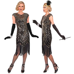 Location Déguisement Charleston Catherine Noir et Or Luxe Adulte / Location Costume Robe Longue Gatsby Noir et Dorée Femme / Location costume Charleston Gatsby Année 20 Rugissant / La Maison Du Déguisement