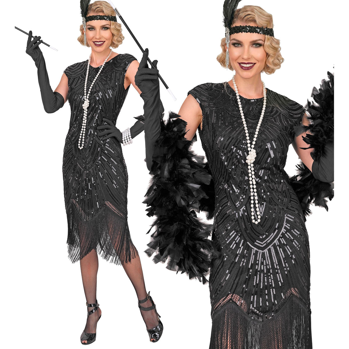 Location Déguisement Charleston Catherine Noir Luxe Adulte / Location Costume Robe Longue Gatsby Noir Femme / Location costume Charleston Gatsby Année 20 Rugissant / La Maison Du Déguisement