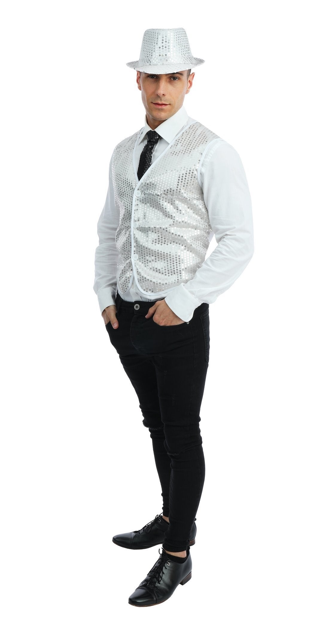 Gilet à Paillettes Argent / Gilet sans manche à sequins Argent / La Maison du Déguisement
