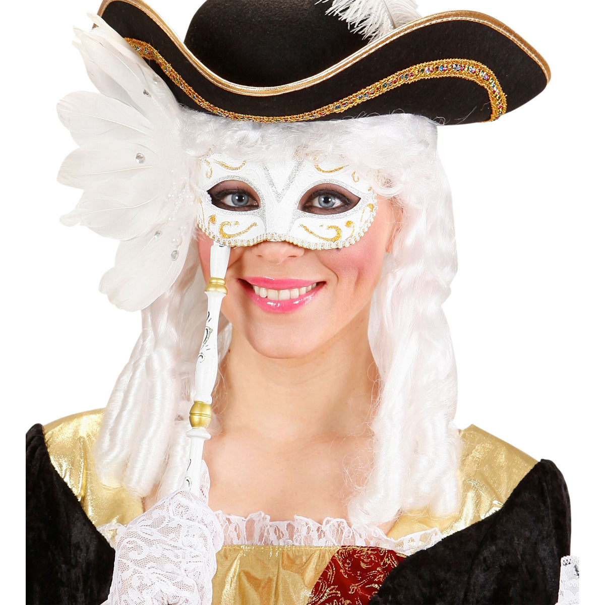 Loup Venise Baroque Face à Main Blanc / Masque Vénitien Blanc Bâtonnet Avec Plumes et Paillettes / La Maison Du Déguisement