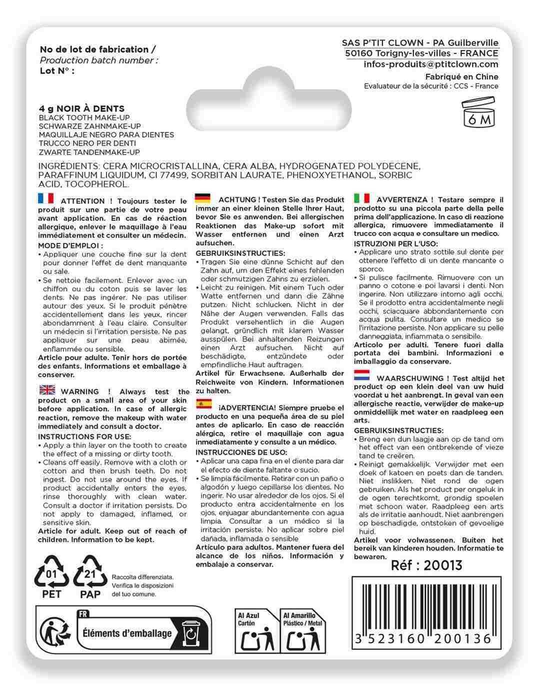 Noir à Dents / La Maison Du Déguisement