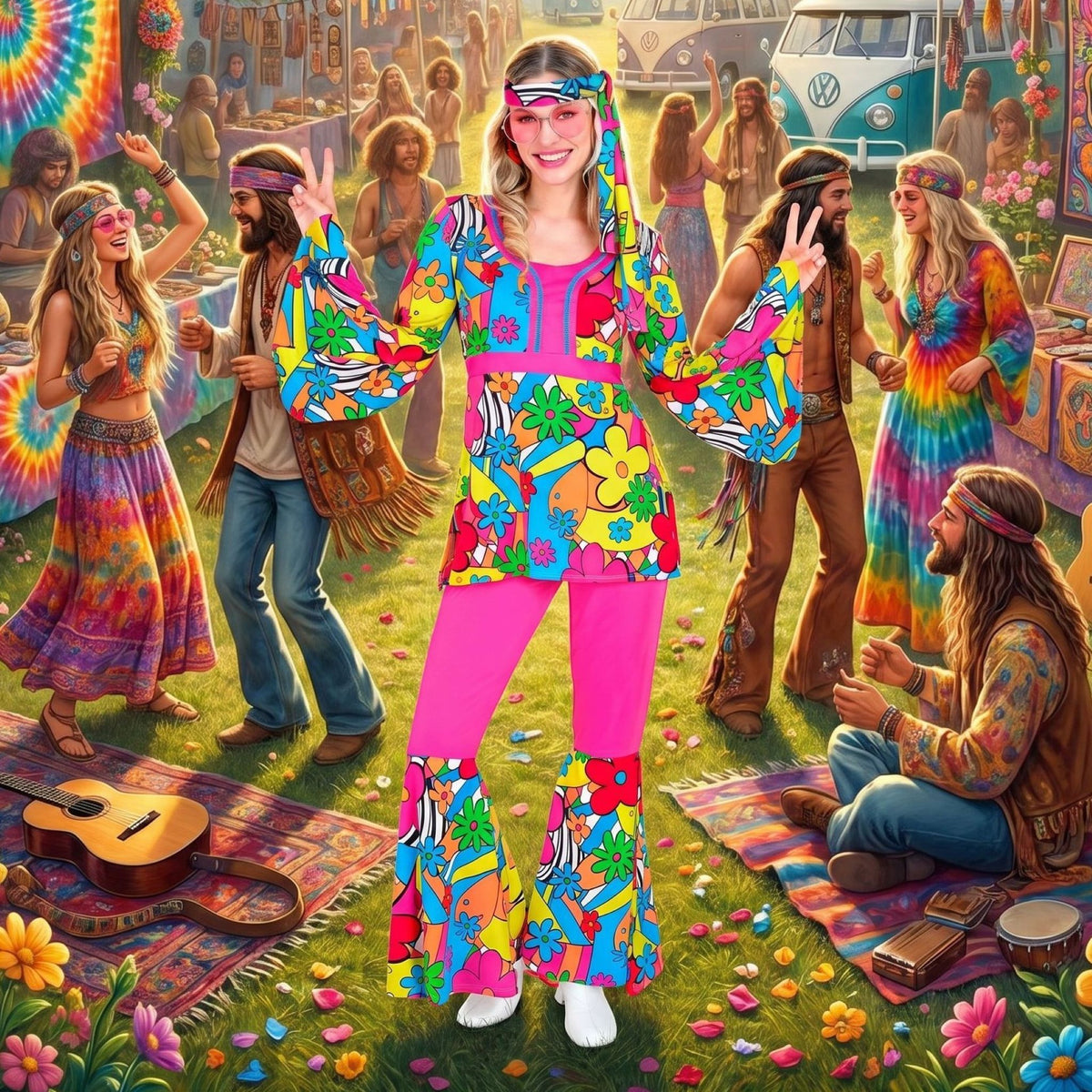 Déguisement Année 60s Fashion Flowers Power / Costume Hippie Femme / La maison du Déguisement