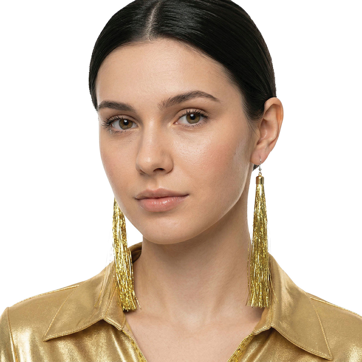 Boucles d’oreilles à Franges Or / Boucles d’Oreilles Longues Dorée Franges Brillante Années 80 Disco / La Maison Du Déguisement