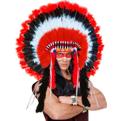 Coiffe Indien Maxi Grandes Plumes Rouges / Coiffe Chef Indien Deluxe / La Maison Du Déguisement