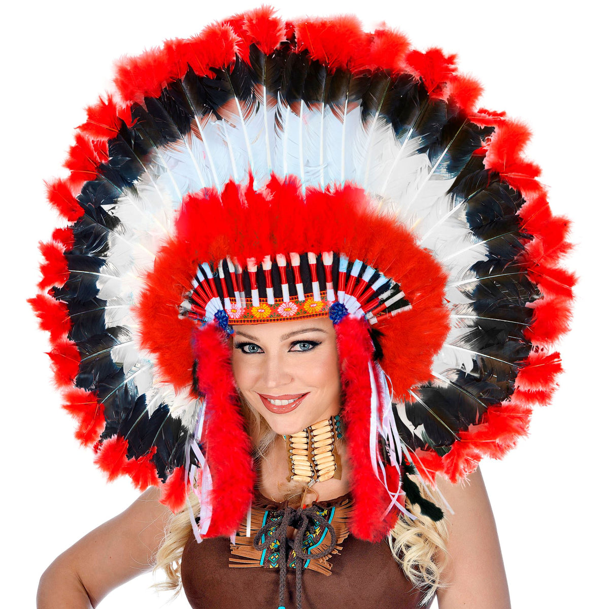 Coiffe Indien Maxi Grandes Plumes Rouges / Coiffe Chef Indien Deluxe / La Maison Du Déguisement