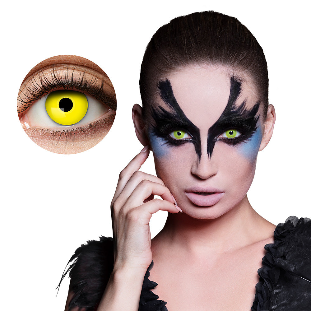 Lentilles fantaisie journalière jaune / Lentilles Oeil Corbeau jaune semaine / La Maison Du Déguisement