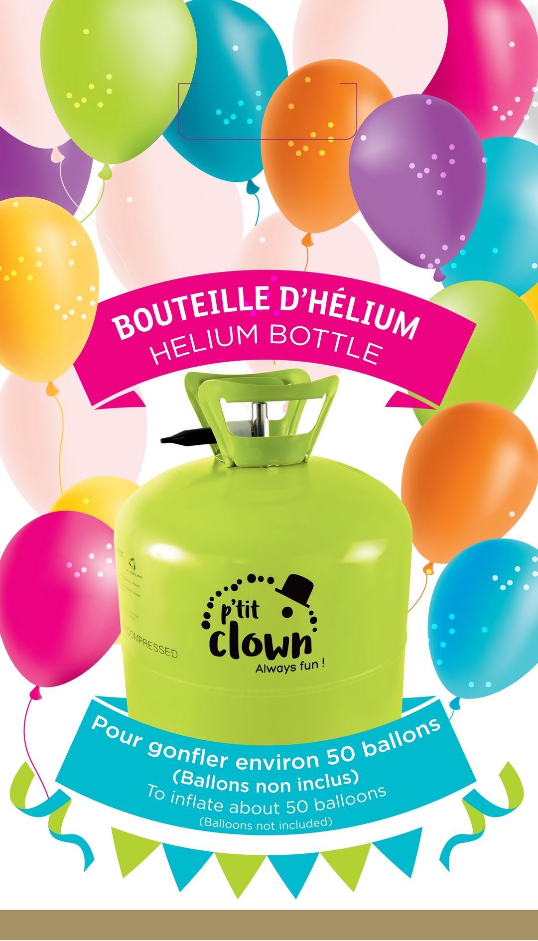 Bouteille Hélium pour gonflage de ballons (50 Ballons) / A Bouteille Helium pour gonfler 50 ballons / La Maison du Déguisement