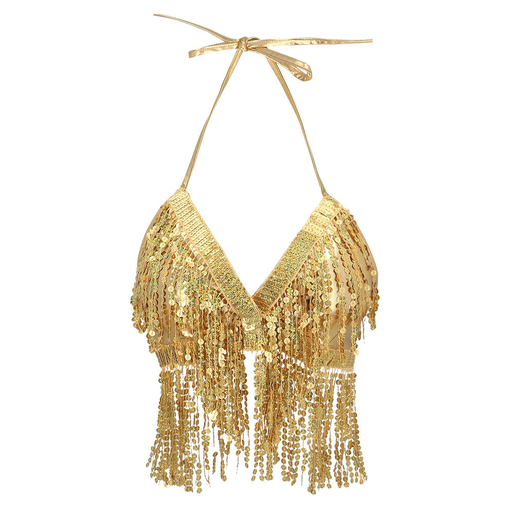 Haut Paillettes Doré à Franges / Top Festival or / Soutien-Gorge Bustier Doré Et Brillant à Franges / La Maison Du Déguisement