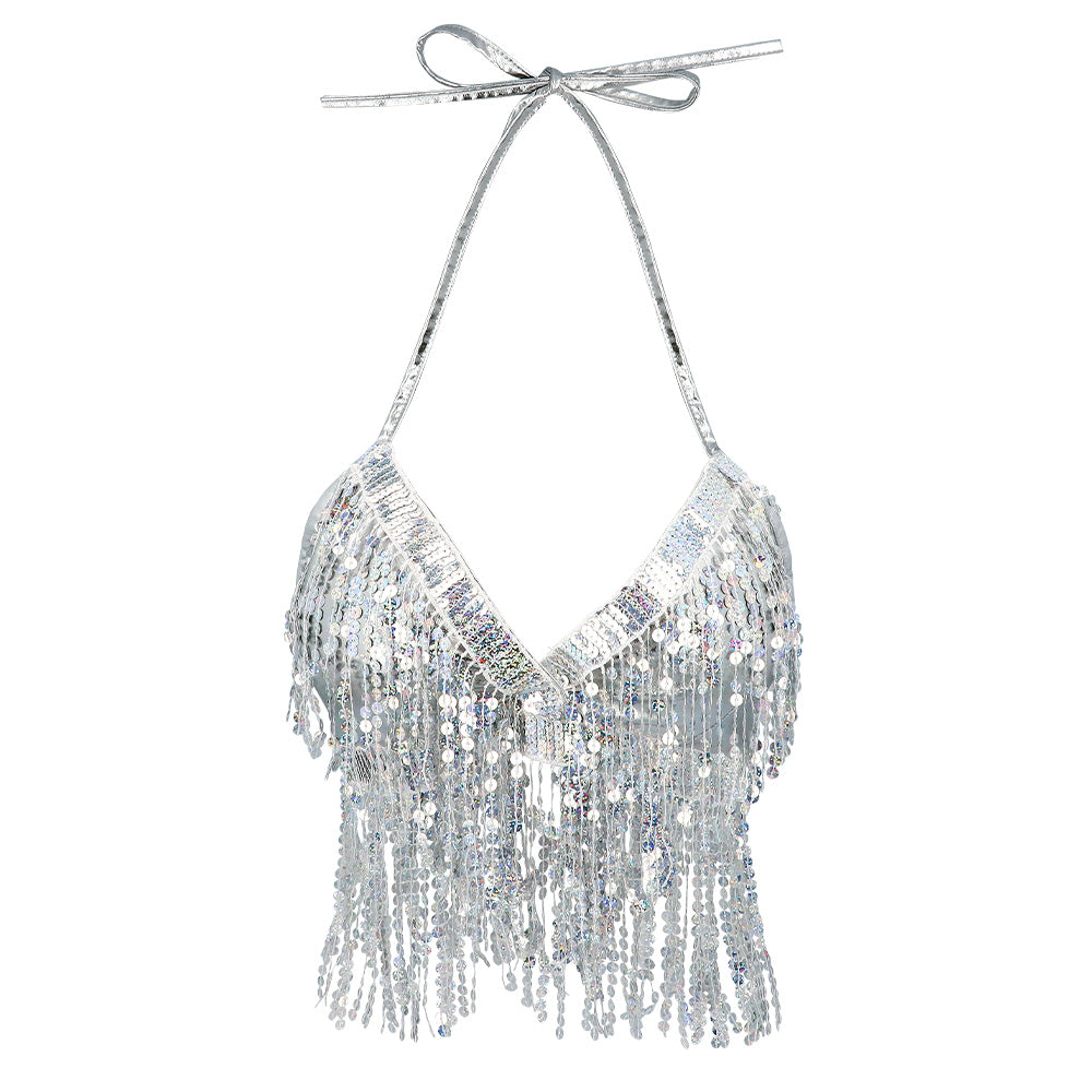 Haut Paillettes Argent à Franges / Top Festival Argent / Soutien-Gorge Bustier Argent Et Brillant à Franges / La Maison Du Déguisement