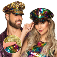 Casquette Disco Sequins Multicolores Réversibles / Casquette paillettes Arc-en-ciel / La Maison Du Déguisement