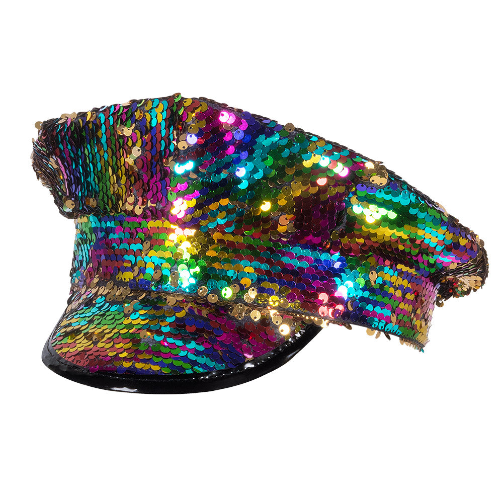 Casquette Disco Sequins Multicolores Réversibles / Casquette paillettes Arc-en-ciel / La Maison Du Déguisement
