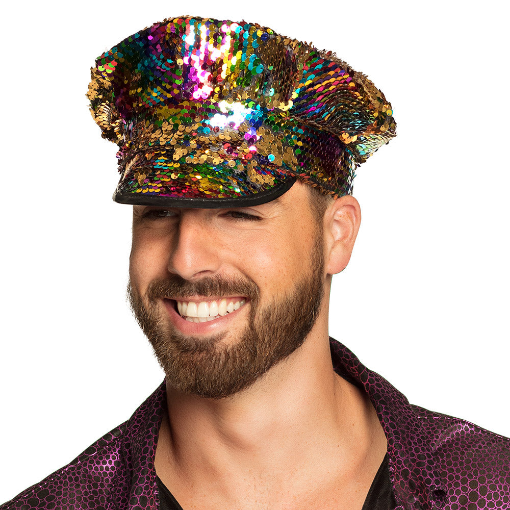 Casquette Disco Sequins Multicolores Réversibles / Casquette paillettes Arc-en-ciel / La Maison Du Déguisement