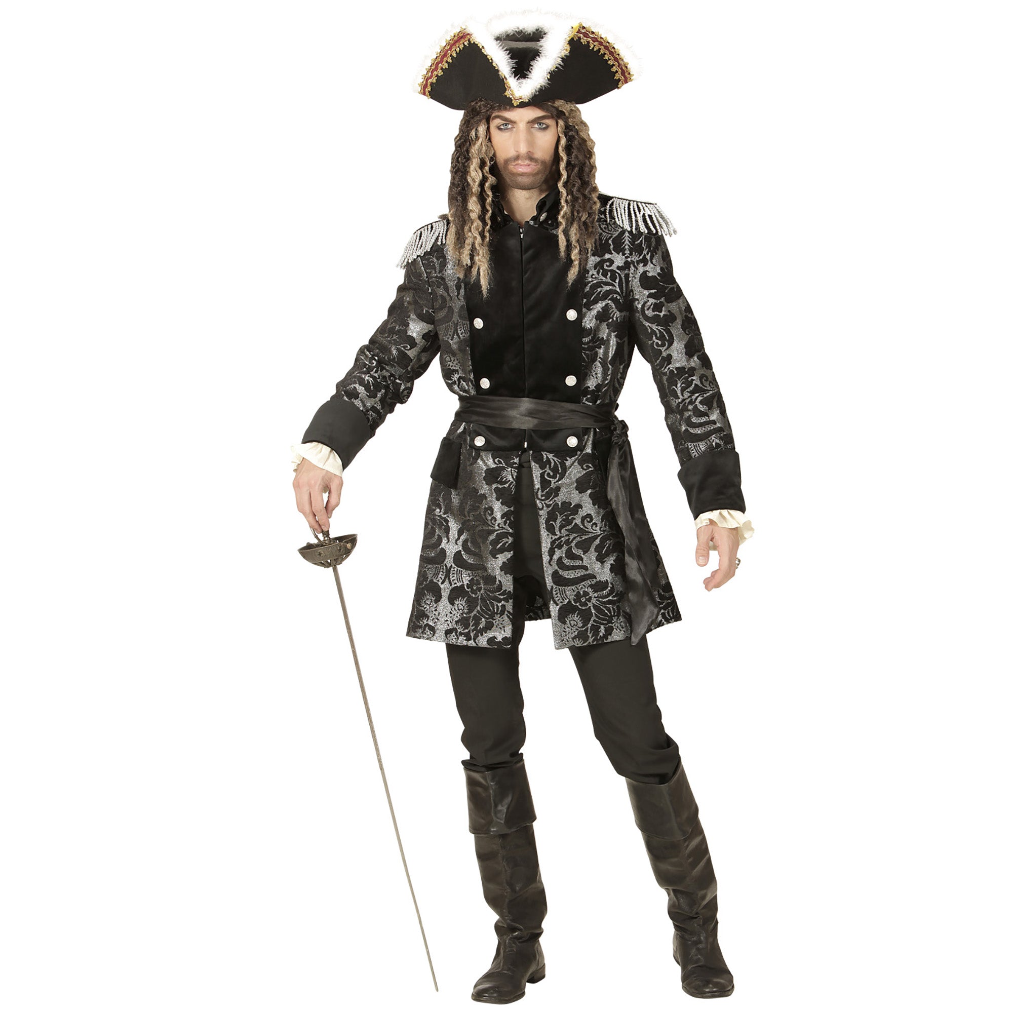 Location Déguisement Manteau Parade Jacquard Argent / Location Costume Queue de pie Argent / Location Costume Frac Argent Luxe / La Maison Du Déguisement