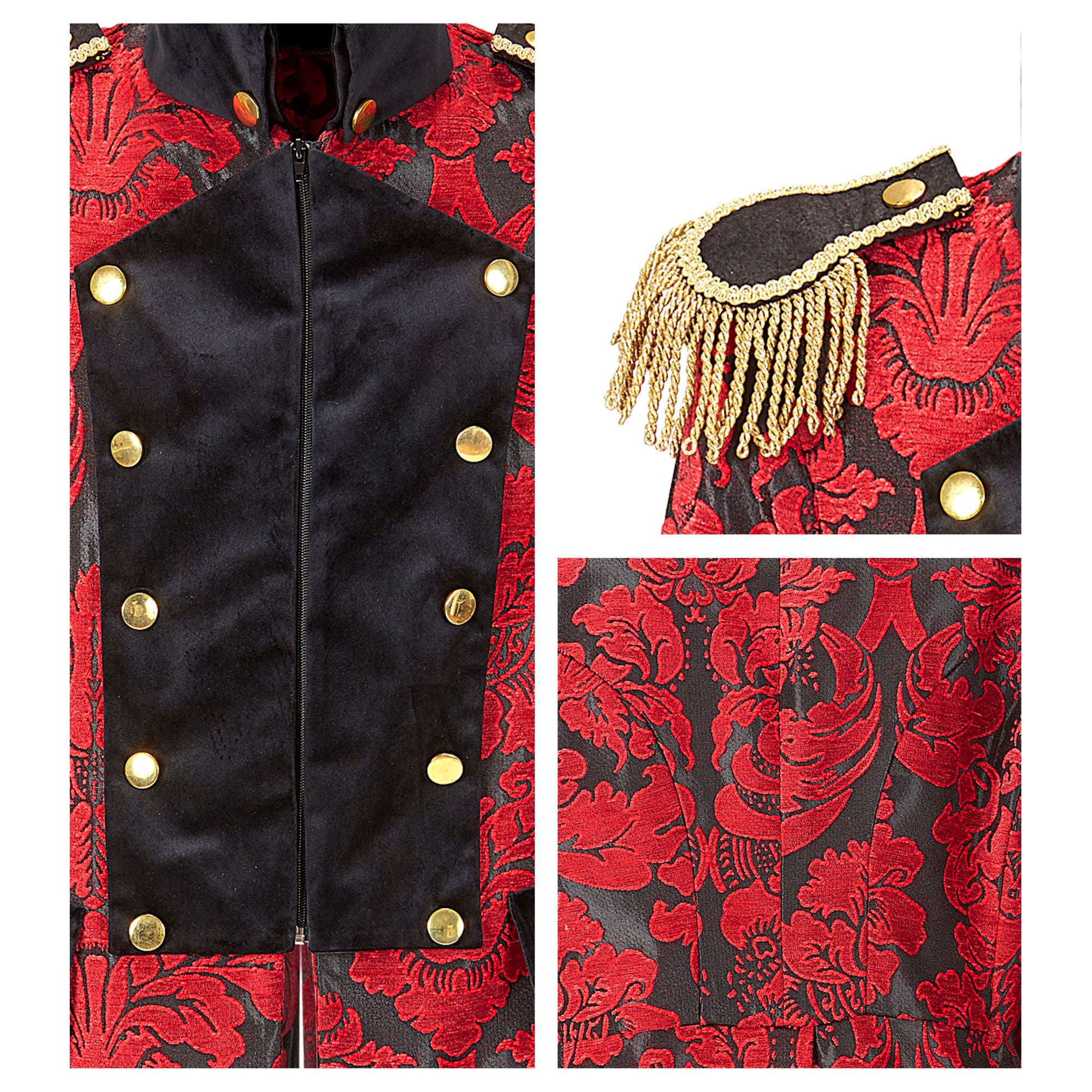 Location Déguisement Manteau Parade Jacquard Rouge / Location Costume Queue de pie Rouge / Location Costume Frac Rouge Luxe / La Maison Du Déguisement