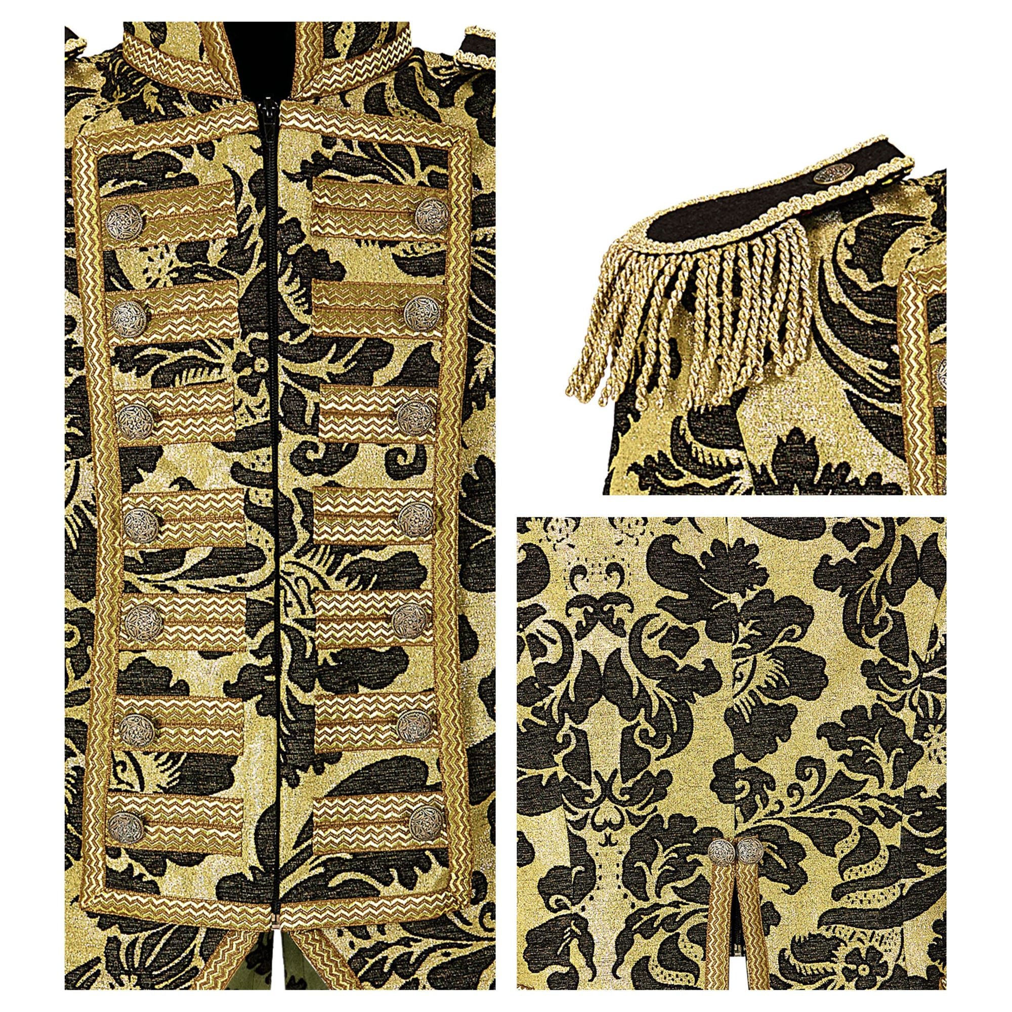 Location Déguisement Manteau Parade Jacquard Dorée / Location Costume Queue de pie OR / Location Costume Frac Doré Luxe / La Maison Du Déguisement