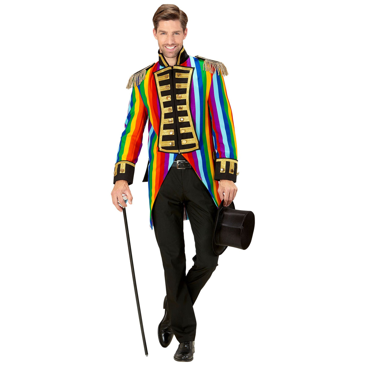 Location Déguisement Manteau Parade Arc-en-ciel / Location Costume Queue de pie Arc-en-ciel / Location Costume Frac Multicolores Luxe / La Maison Du Déguisement