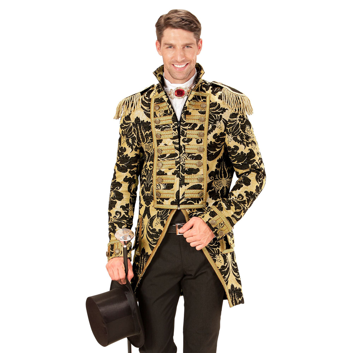 Location Déguisement Manteau Parade Jacquard Dorée / Location Costume Queue de pie OR / Location Costume Frac Doré Luxe / La Maison Du Déguisement