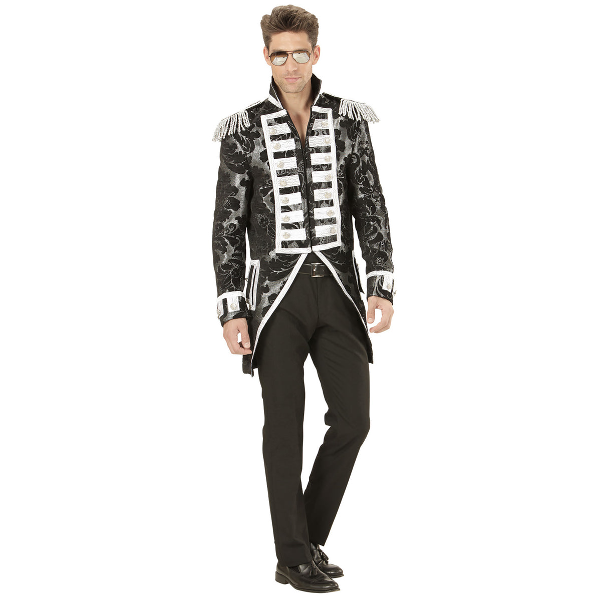 Location Déguisement Manteau Parade Jacquard Argent / Location Costume Queue de pie Marquis Argent / Location Costume Frac Argent Luxe / La Maison Du Déguisement