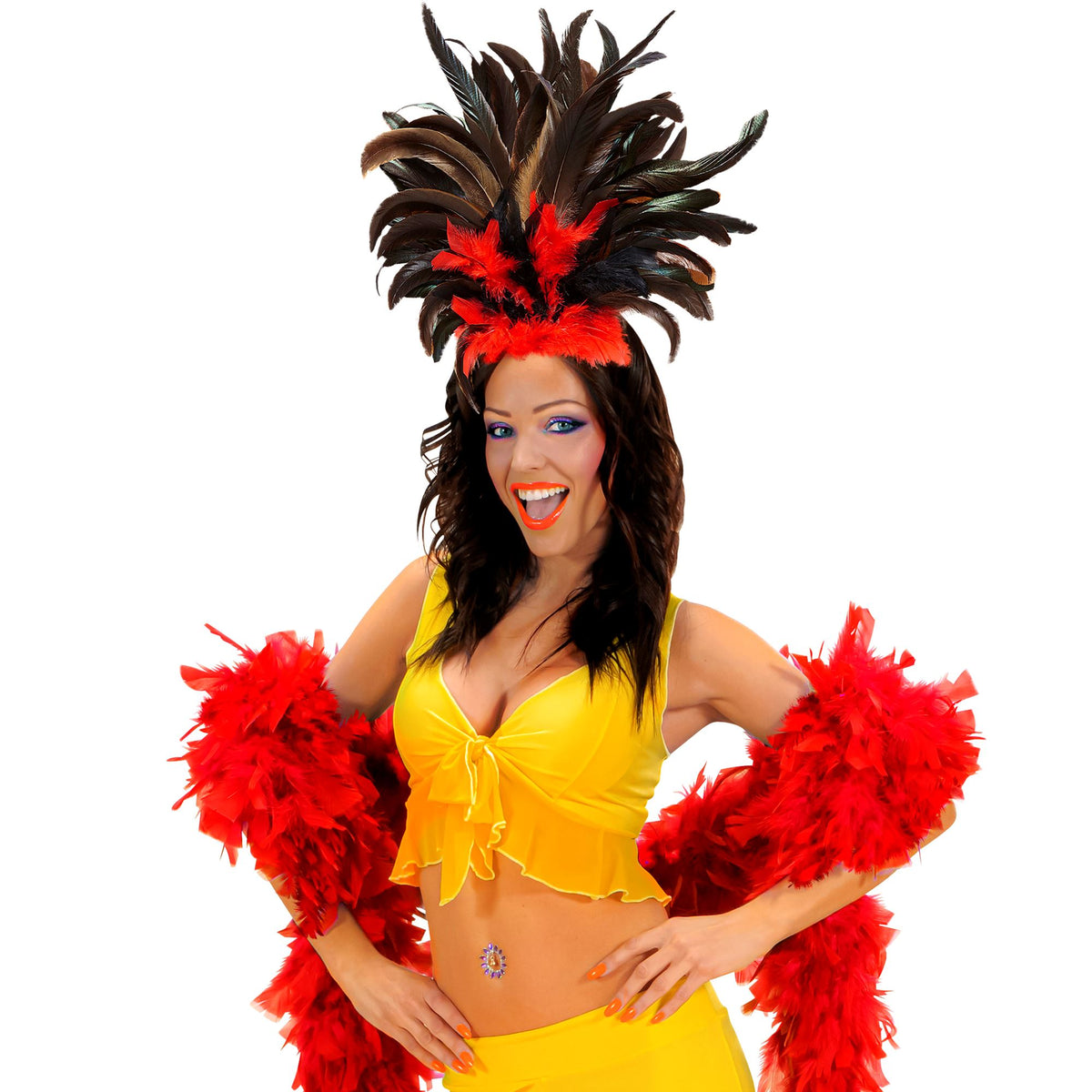 Coiffe Copa Cabana à Plumes Noir et Rouge / Serre Tête Plumes Noir et Rouge / La Maison Du Déguisement