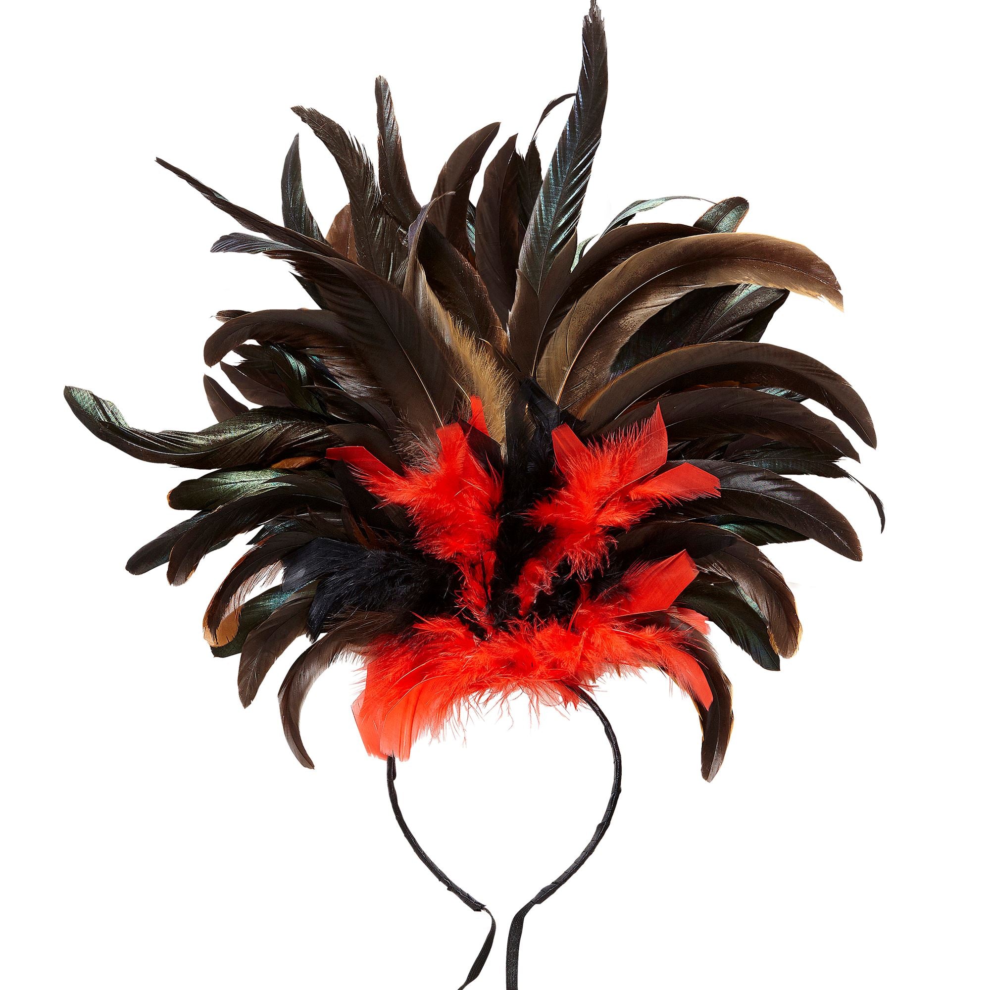 Coiffe Copa Cabana à Plumes Noir et Rouge / Serre Tête Plumes Noir et Rouge / La Maison Du Déguisement