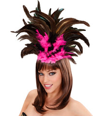 Coiffe Copa Cabana à Plumes Noir et Rose / Serre Tête Plumes Noir et Rose / La Maison Du Déguisement