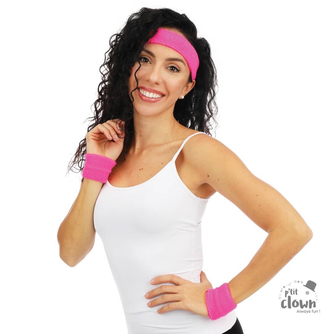 Set bandeau rose fluo / Kit Bandeau et Poignets en éponge rose /  Ensemble de 2 bracelets et bandeau / La Maison du Déguisement
