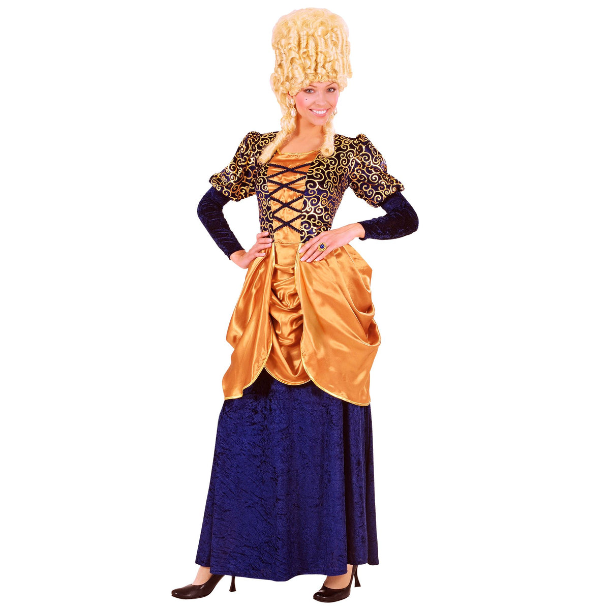 Déguisement Marquise Robe Longue Bleu Velours et Doré / Costume Robe Nobles et Courtisans Bleu / La Maison Du Déguisement