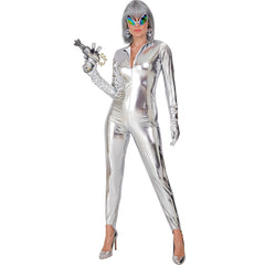 Déguisement Combinaison Disco Argent Femme Luxe / Costume Combinaison Futuriste Moulante Métallisée Argent / La Maison du Déguisement