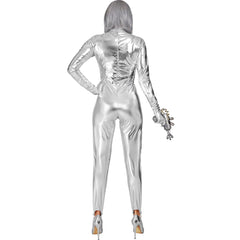 Déguisement Combinaison Disco Argent Femme Luxe / Costume Combinaison Futuriste Moulante Métallisée Argent / La Maison du Déguisement